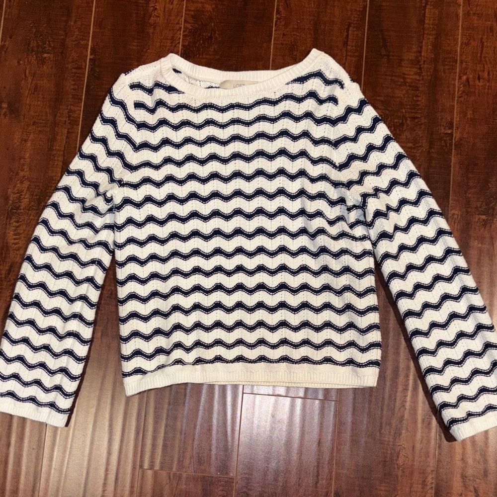 LOFT Navy and Cream Wave Pattern Sweater